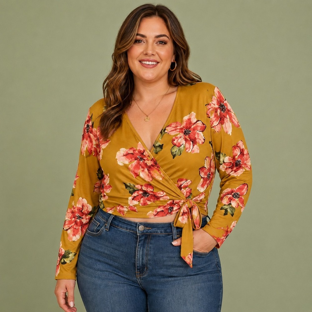 Floral Mustard Faux Wrap Crop Top Women's XL Boho Fall Chic Festival Cottagecore